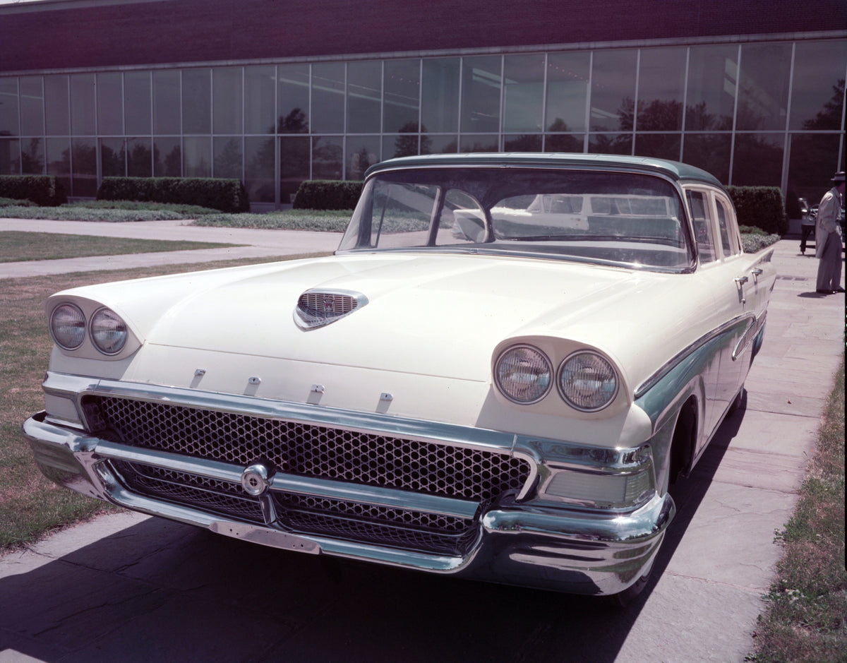 This archival image documents the 1958 Ford Custom 300 four door and is preserved in the Ford Heritage Vault as part of Ford Motor Company's historic photographic archive. Free for personal, non-commercial use. Ford Heritage Vault reference AR-200...