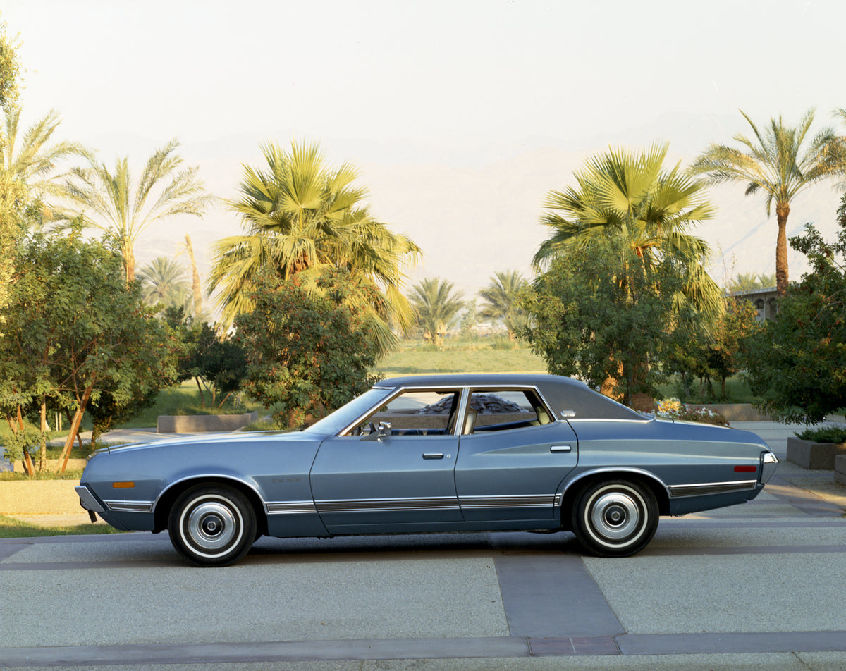 This archival image documents the 1972 Ford Torino Brougham four-door sedan scenic and is preserved in the Ford Heritage Vault as part of Ford Motor Company's historic photographic archive. Free for personal, non-commercial use. Ford Heritage Vaul...