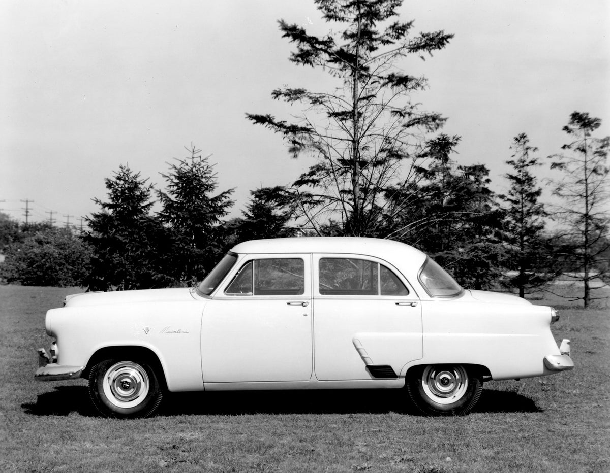 This archival image documents the 1952 Meteor Mainline Sedan side view with scenic trees AR-2007-5 and is preserved in the Ford Heritage Vault as part of Ford Motor Company's historic photographic archive. Free for personal, non-commercial use. Fo...