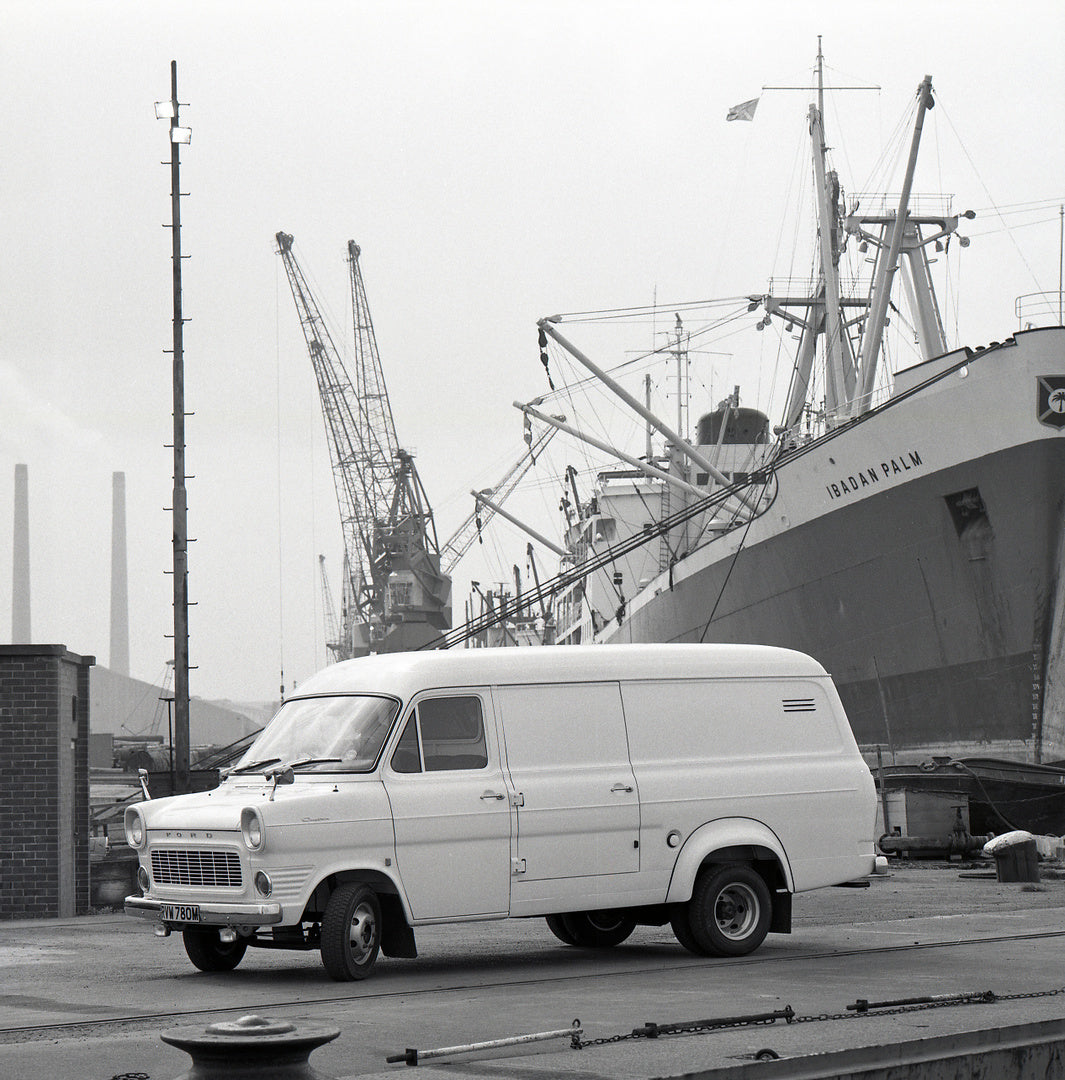 This archival image documents the 1974 Ford Transit Mark I 175 long wheelbase at shipping dock and is preserved in the Ford Heritage Vault as part of Ford Motor Company's historic photographic archive. Free for personal, non-commercial use. Ford H...