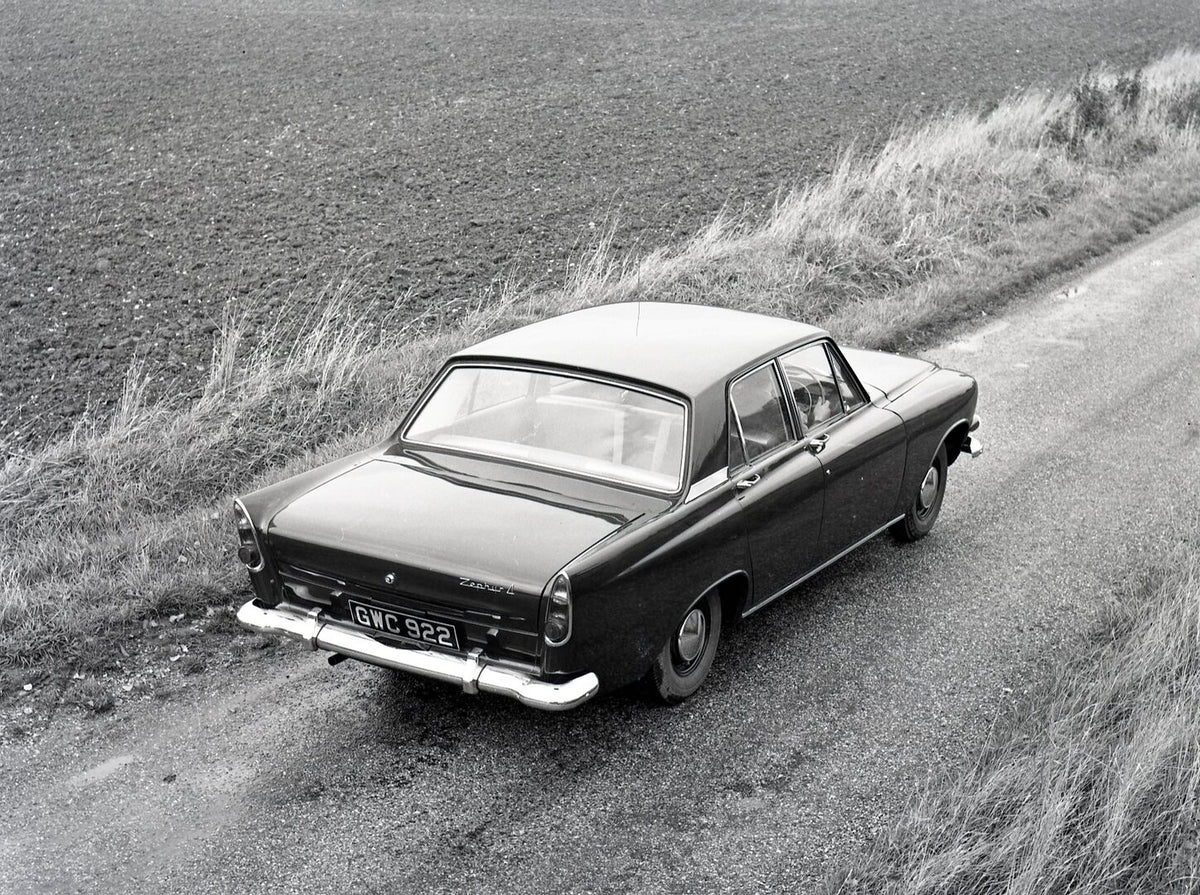 This archival image documents the 1962 Ford Zephyr 5 Mark III rear view on scenic road in Aveley and is preserved in the Ford Heritage Vault as part of Ford Motor Company's historic photographic archive. Free for personal, non-commercial use. Ford...