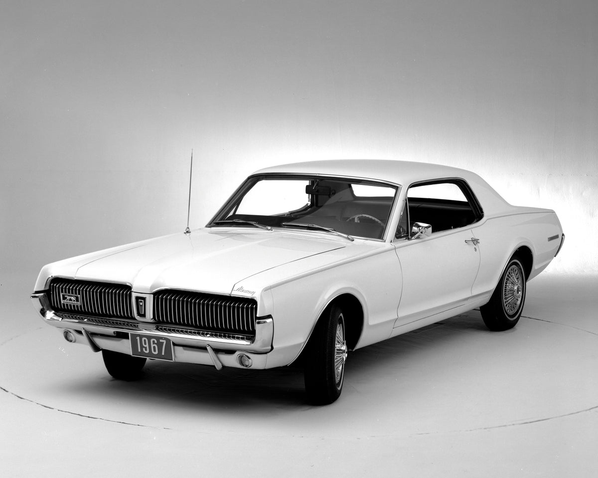 This archival image documents the 1967 Mercury Cougar hardtop Front View and is preserved in the Ford Heritage Vault as part of Ford Motor Company's historic photographic archive. Free for personal, non-commercial use. Ford Heritage Vault referenc...