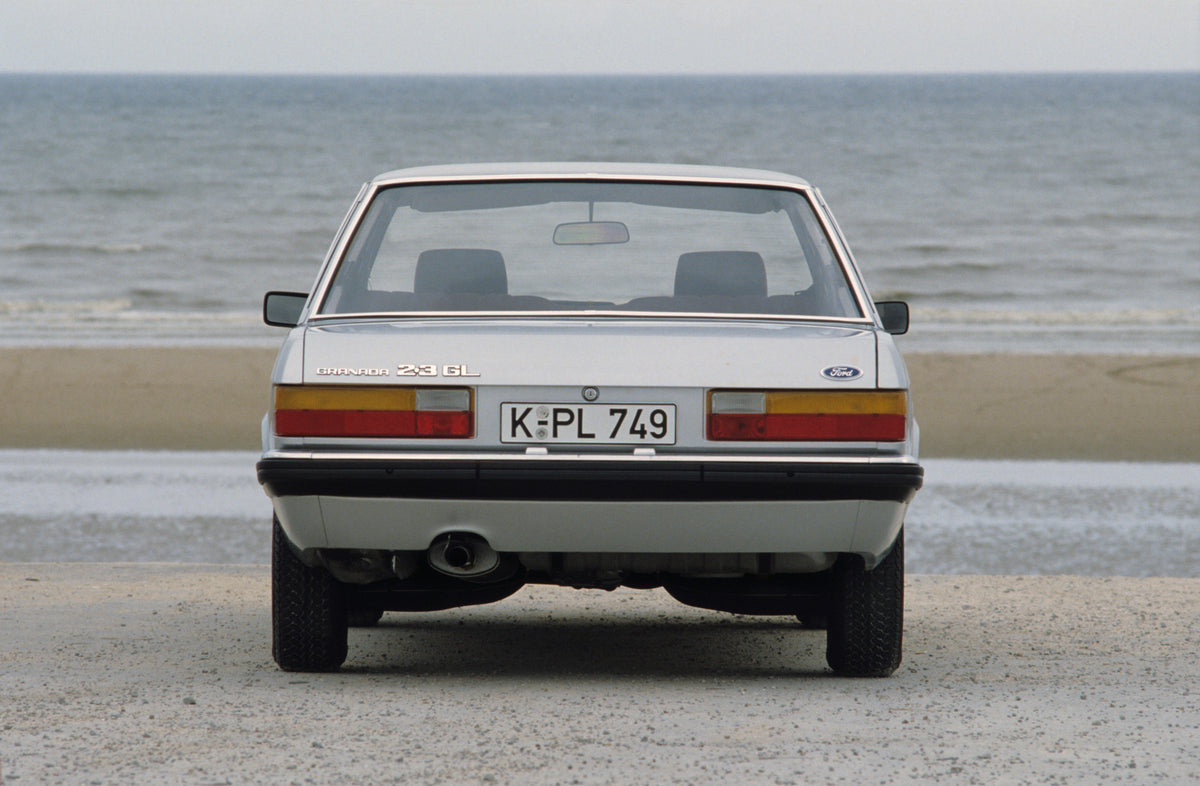 This archival image documents the 1979 Ford Granada Mark II GL rear view on scenic beach and is preserved in the Ford Heritage Vault as part of Ford Motor Company's historic photographic archive. Free for personal, non-commercial use. Ford Heritag...