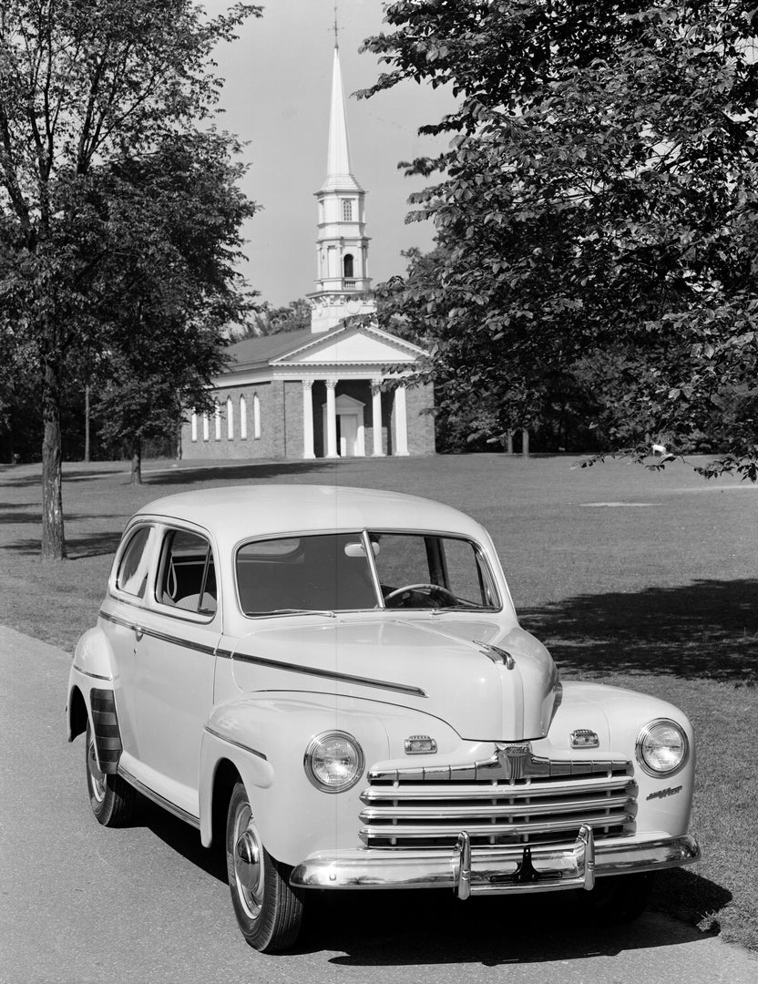 This archival image documents the 1946 Ford Super DeLuxe tudor sedan and is preserved in the Ford Heritage Vault as part of Ford Motor Company's historic photographic archive. Free for personal, non-commercial use. Ford Heritage Vault reference AR...