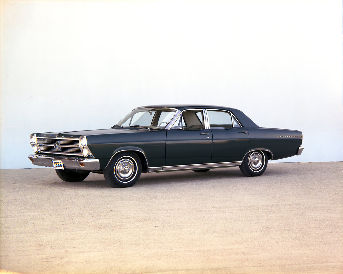 This archival image documents the 1966 Ford Fairlane 500 four-door and is preserved in the Ford Heritage Vault as part of Ford Motor Company's historic photographic archive. Free for personal, non-commercial use. Ford Heritage Vault reference AR-2...