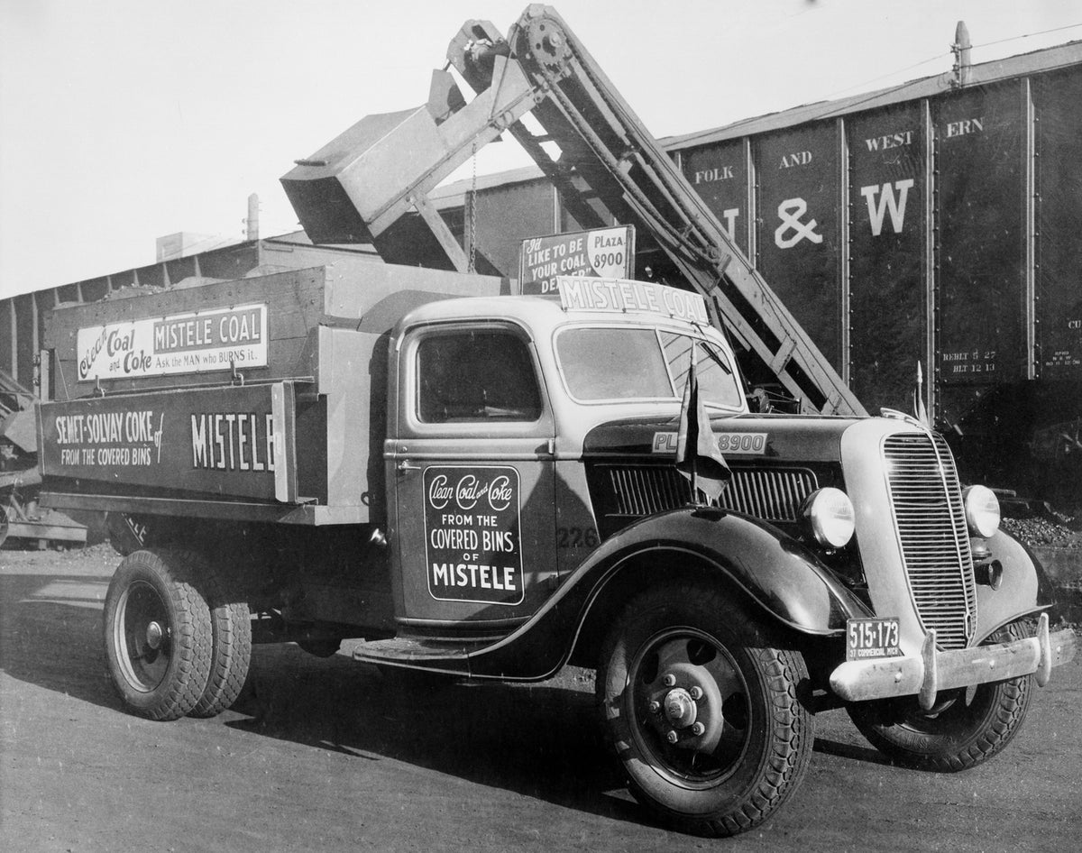 This archival image documents the 1937 Ford coal truck and is preserved in the Ford Heritage Vault as part of Ford Motor Company's historic photographic archive. Free for personal, non-commercial use. Ford Heritage Vault reference AR-2008-8.1.6.204.