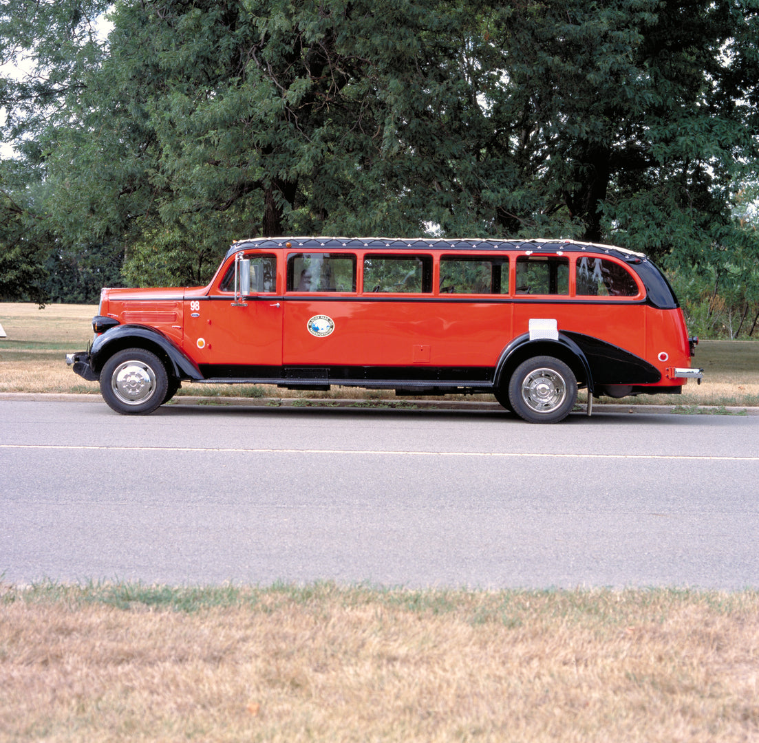 This archival image documents the 1936-1939 Glacier Park Red Bus and is preserved in the Ford Heritage Vault as part of Ford Motor Company's historic photographic archive. Free for personal, non-commercial use. Ford Heritage Vault reference AR-200...
