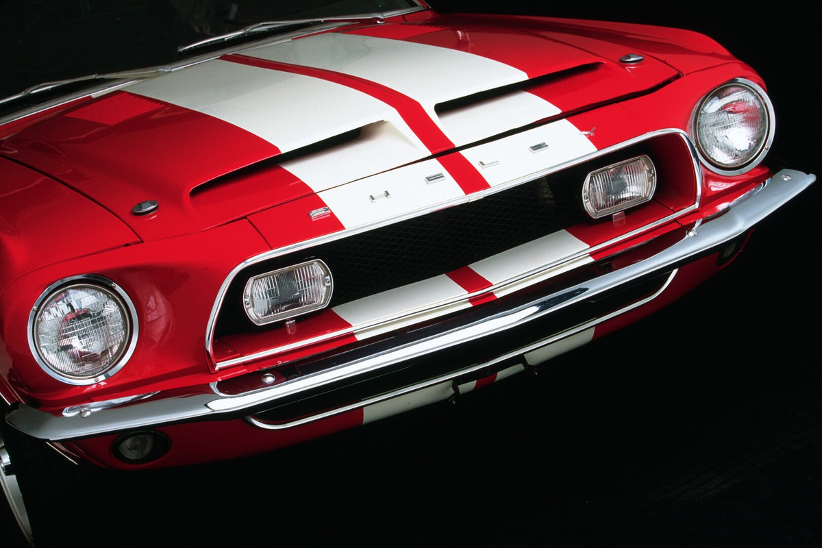 This archival image documents the 1968 Ford Mustang Shelby GT 350 front end and is preserved in the Ford Heritage Vault as part of Ford Motor Company's historic photographic archive. Free for personal, non-commercial use. Ford Heritage Vault refer...
