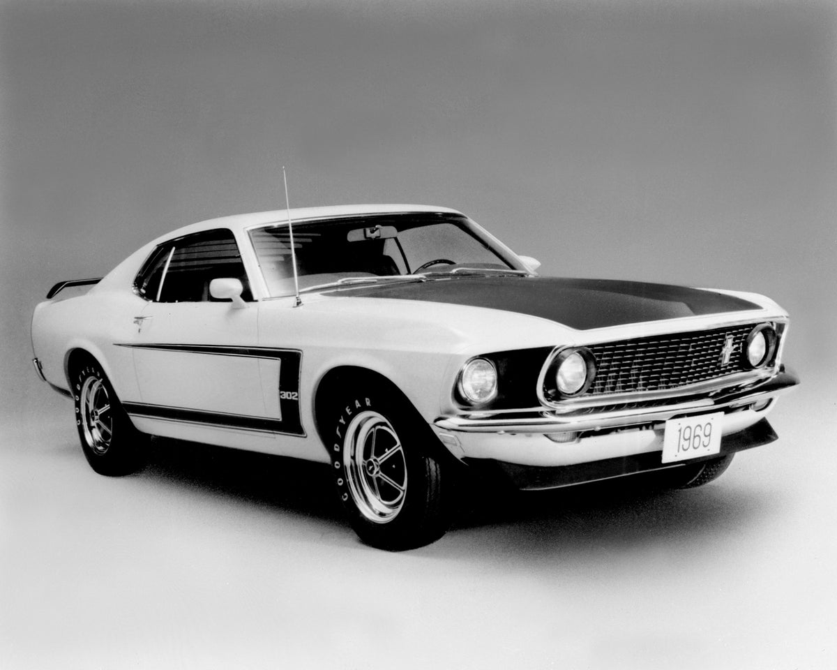 This archival image documents the 1969 Ford Mustang Boss 302 quarter view in studio and is preserved in the Ford Heritage Vault as part of Ford Motor Company's historic photographic archive. Free for personal, non-commercial use. Ford Heritage Vau...