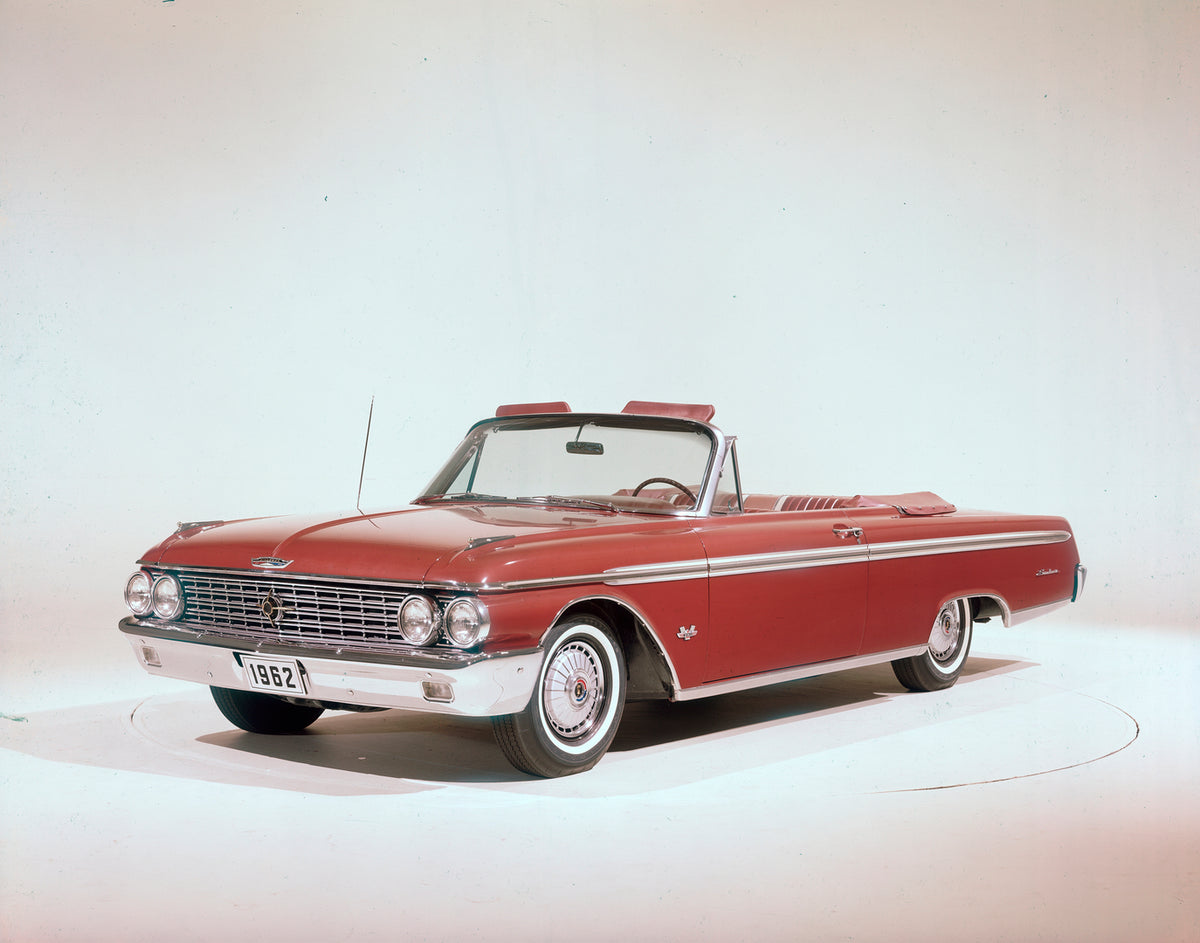 This archival image documents the 1962 Ford Galaxie 500 Sunliner convertible and is preserved in the Ford Heritage Vault as part of Ford Motor Company's historic photographic archive. Free for personal, non-commercial use. Ford Heritage Vault refe...
