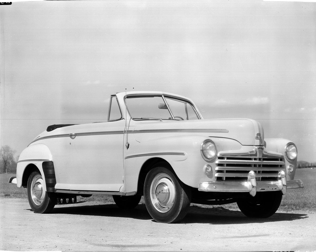 This archival image documents the 1947 Ford Super Deluxe convertible and is preserved in the Ford Heritage Vault as part of Ford Motor Company's historic photographic archive. Free for personal, non-commercial use. Ford Heritage Vault reference AR...