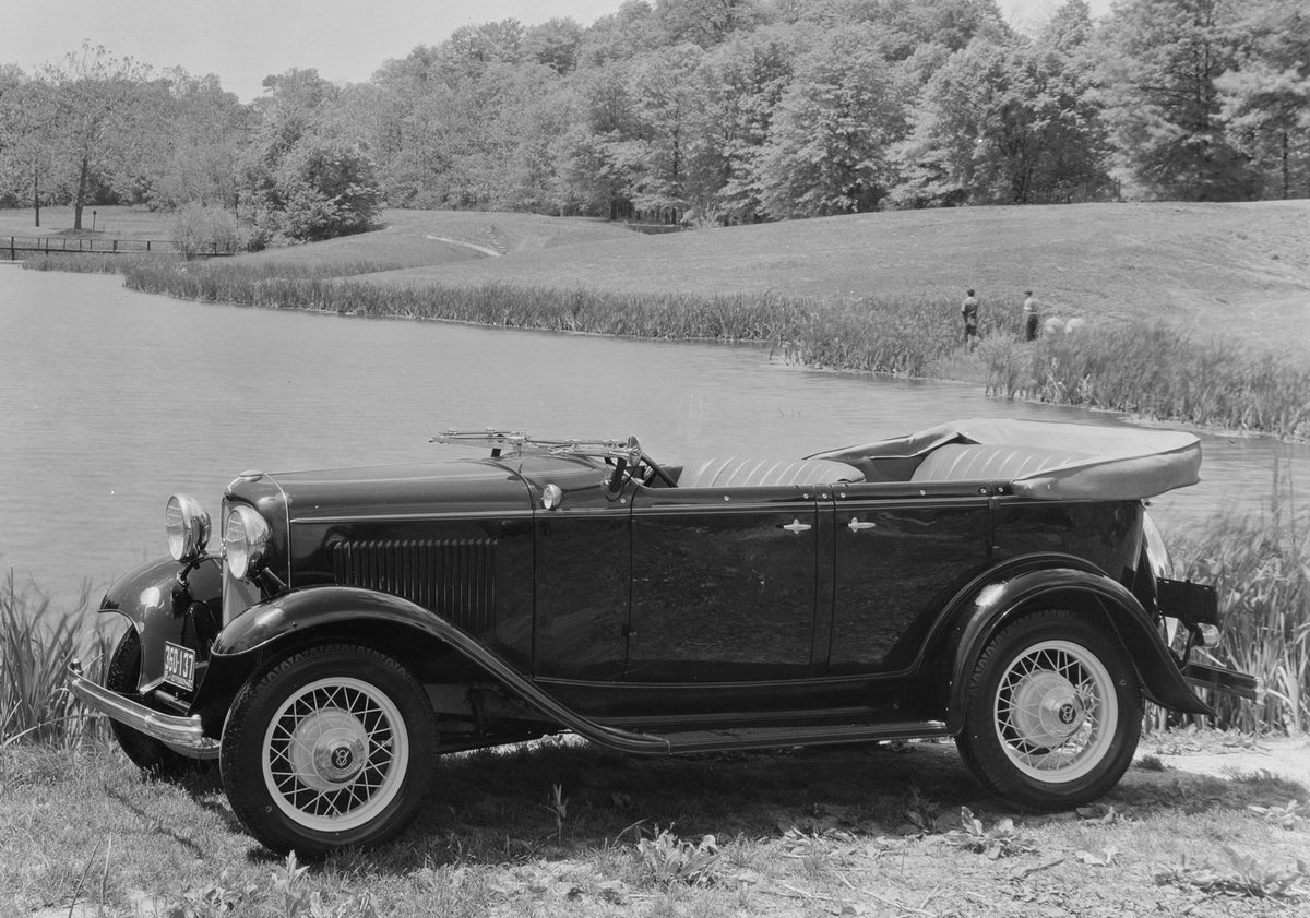 This archival image documents the 1932 Ford DeLuxe Phaeton and is preserved in the Ford Heritage Vault as part of Ford Motor Company's historic photographic archive. Free for personal, non-commercial use. Ford Heritage Vault reference AR-2008-8.1....