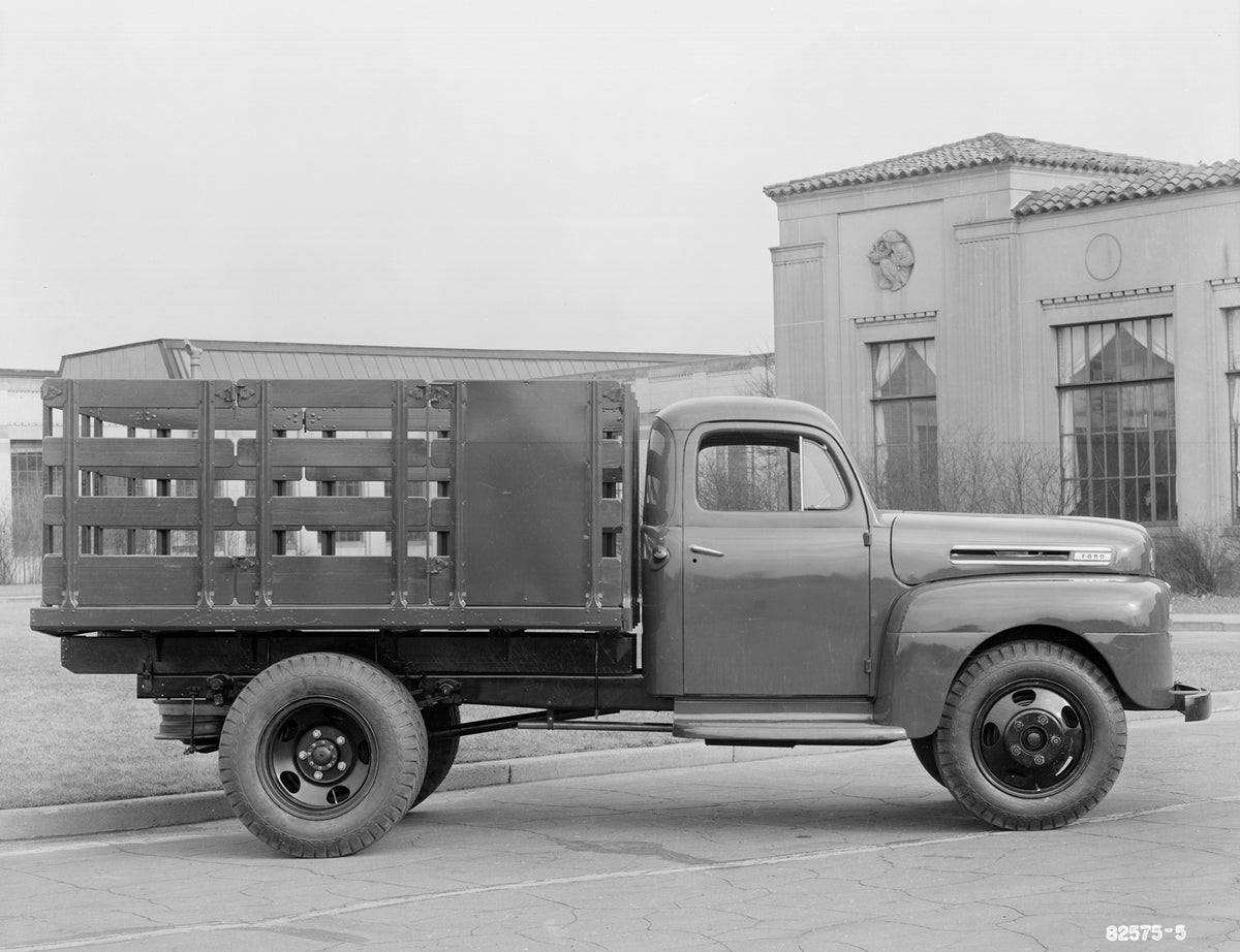 This archival image documents the 1947 Ford stake truck and is preserved in the Ford Heritage Vault as part of Ford Motor Company's historic photographic archive. Free for personal, non-commercial use. Ford Heritage Vault reference AR-2008-8.1.4.1...