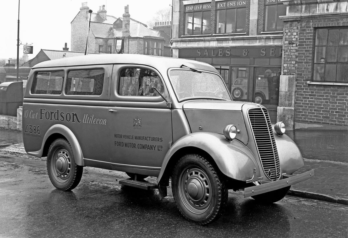 This archival image documents the 1948 Ford Fordson E83W 10 CWT Van on city street and is preserved in the Ford Heritage Vault as part of Ford Motor Company's historic photographic archive. Free for personal, non-commercial use. Ford Heritage Vaul...