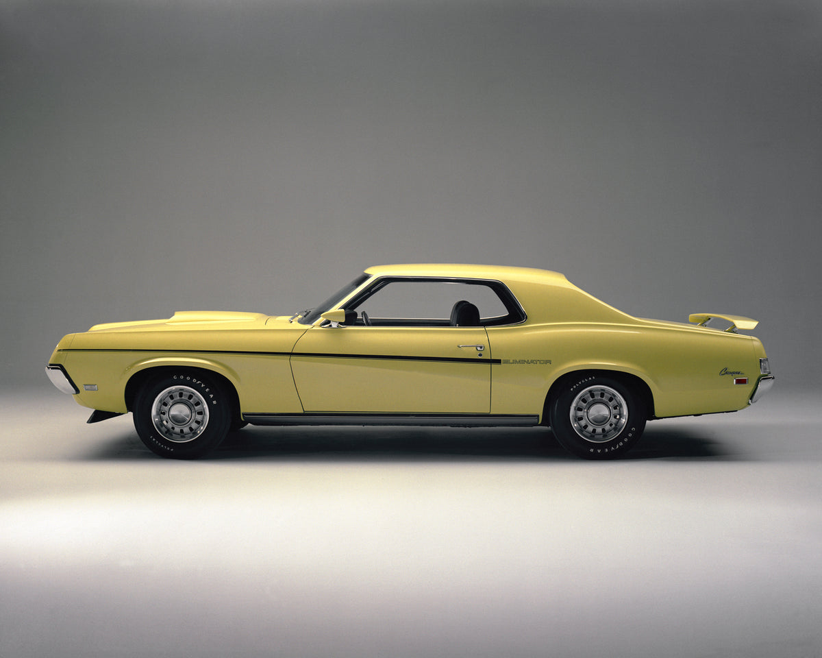 This archival image documents the 1969 Mercury Cougar Eliminator hardtop with Rear Spoiler Side View and is preserved in the Ford Heritage Vault as part of Ford Motor Company's historic photographic archive. Free for personal, non-commercial use. ...