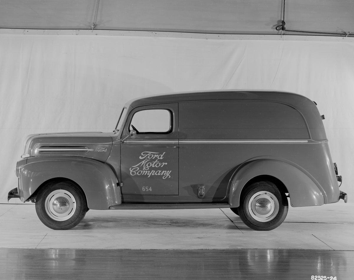 This archival image documents the 1946 Ford half ton panel truck and is preserved in the Ford Heritage Vault as part of Ford Motor Company's historic photographic archive. Free for personal, non-commercial use. Ford Heritage Vault reference AR-200...