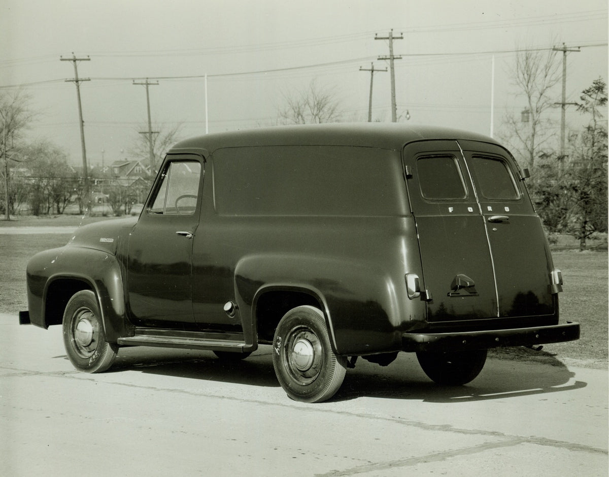 This archival image documents the 1954 Ford F-100 panel Van rear and is preserved in the Ford Heritage Vault as part of Ford Motor Company's historic photographic archive. Free for personal, non-commercial use. Ford Heritage Vault reference AR-200...