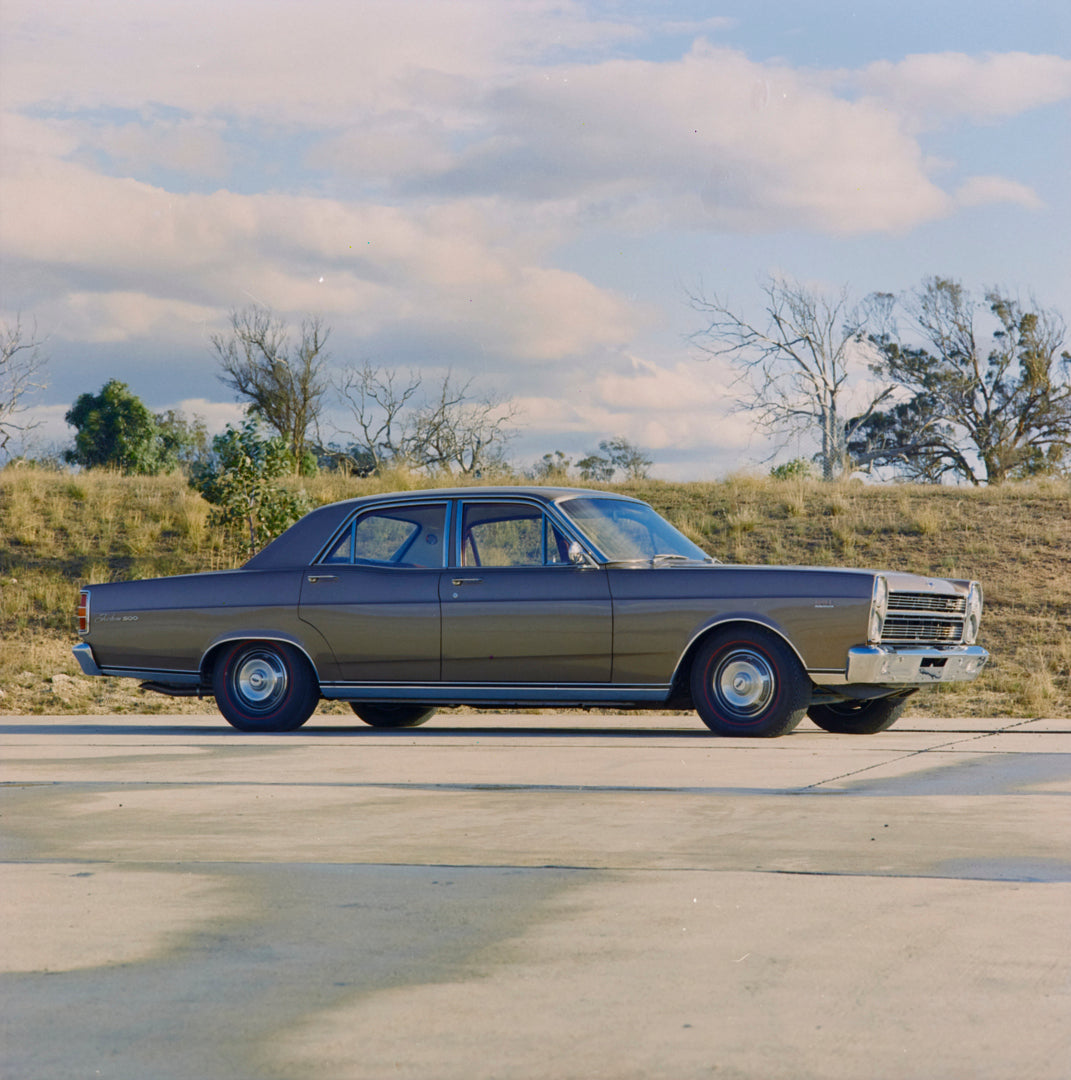 This archival image documents the 1969 Ford ZC Fairlane 500 Sedan Driver Side Profile in Empty Lot FAP-2011-3 and is preserved in the Ford Heritage Vault as part of Ford Motor Company's historic photographic archive. Free for personal, non-commerc...