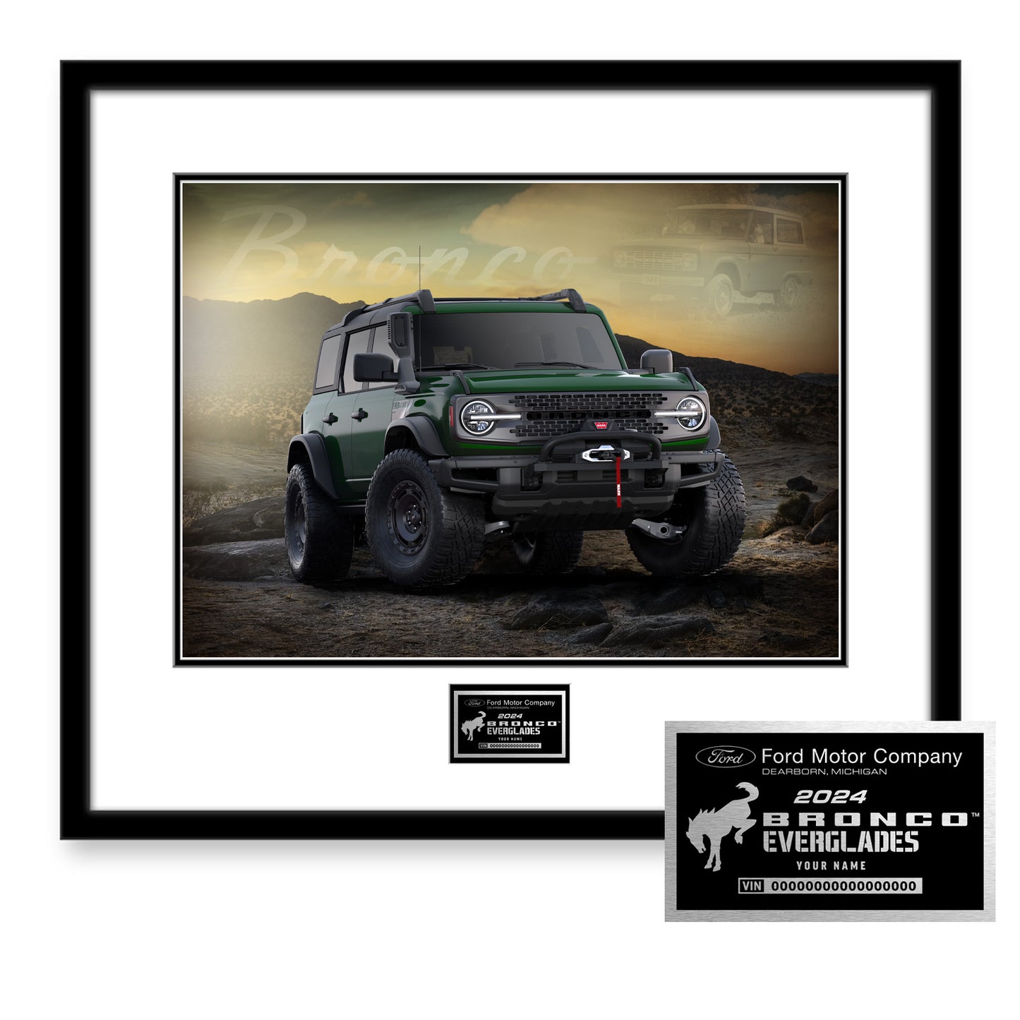 A framed and matted print featuring a green 2024 Bronco Everglades vehicle, with a sunset background. The image includes the Ford Motor Company logo and a badge for Ford Images.