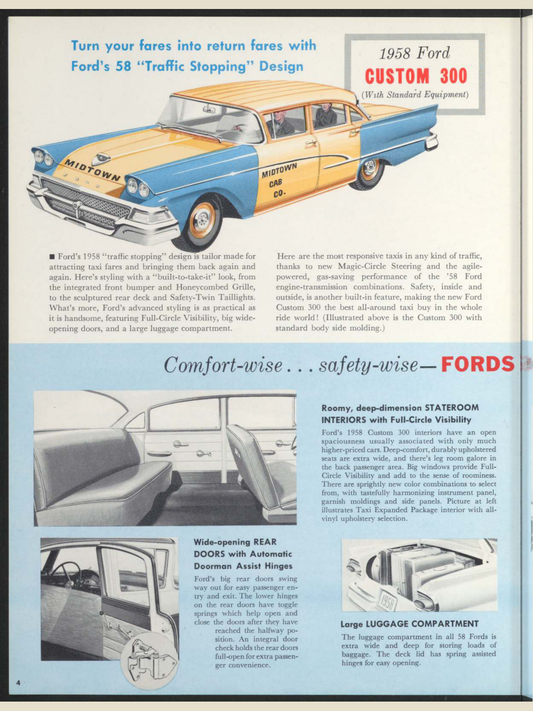 1958 Ford Taxi Brochure Page 4 0058-0021 — 18×24 proportions