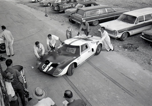 1964 Ford GT40 overhead paddock view — Nassau — 0064-0040