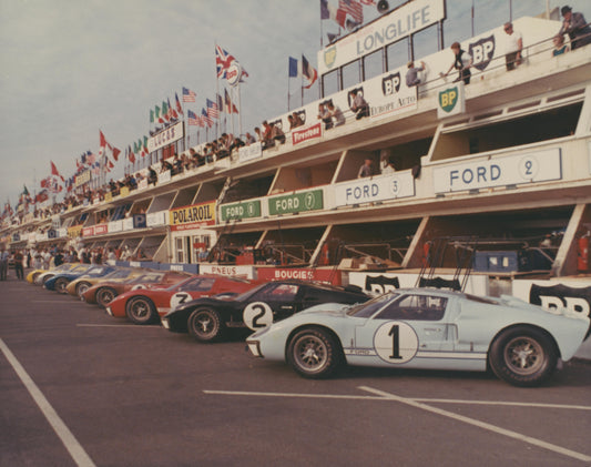 1966 — Ford GT40 Mark II Race Cars at the 24 Hours of Le Mans, June 1966 — Fordimages 0066-0016; source THF705622