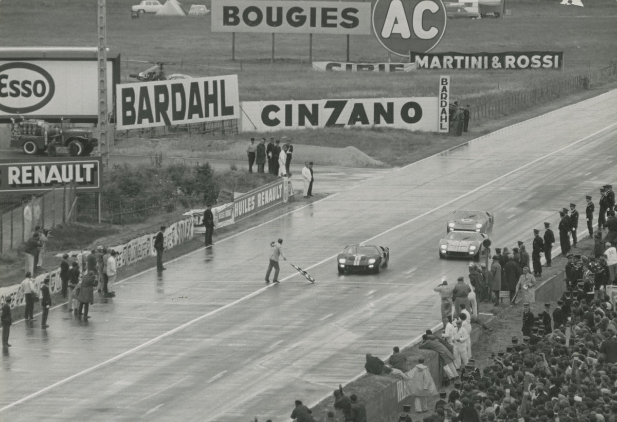 1966 — Ford GT40 Mark II Race Cars Crossing Finish Line in the 24 Hours of Le Mans, June 1966 — Fordimages 0066-0018; source THF736403