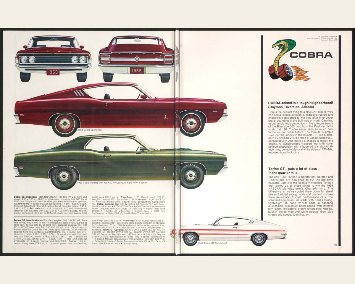 1969 Performance Buyer'S Digest Cobra Torino Mustang Sales Brochure Spread 2-3 0069-0004 — 16×20 proportions