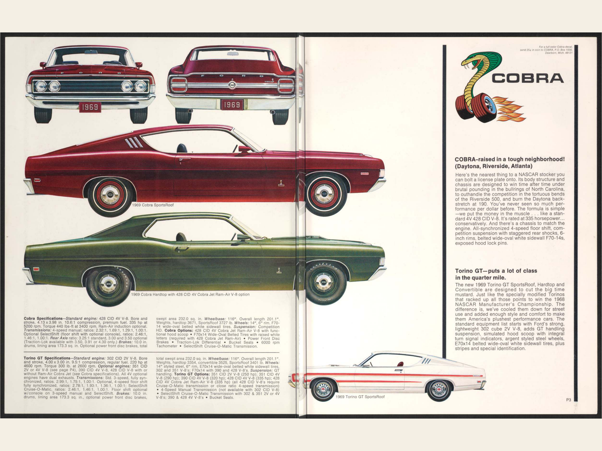 1969 Performance Buyer'S Digest Cobra Torino Mustang Sales Brochure Spread 2-3 0069-0004 — 18×24 proportions