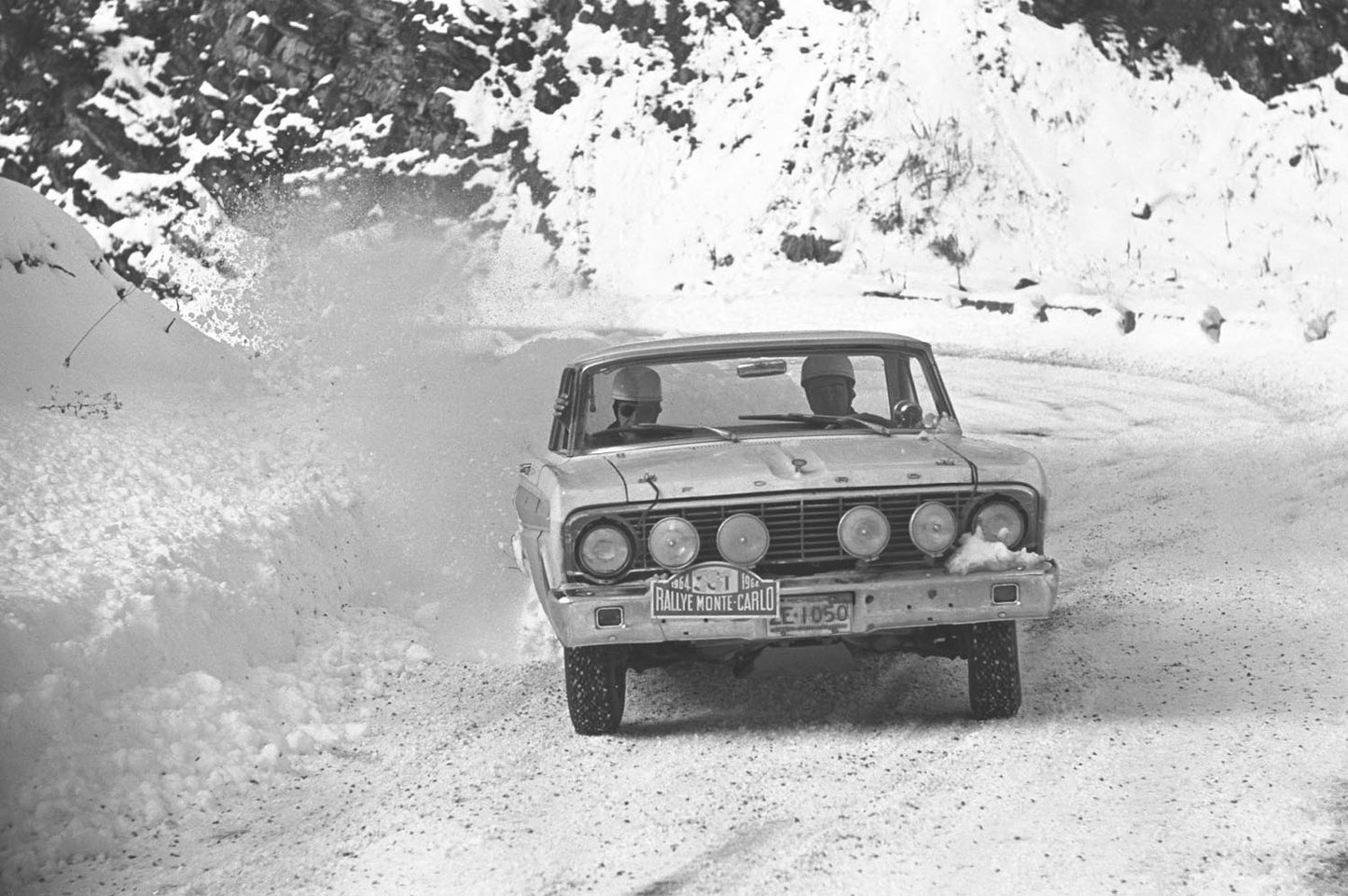1964 Monte Carlo Rally Ford Falcon Broadsides a Corner in the Snow 12  0144-4603