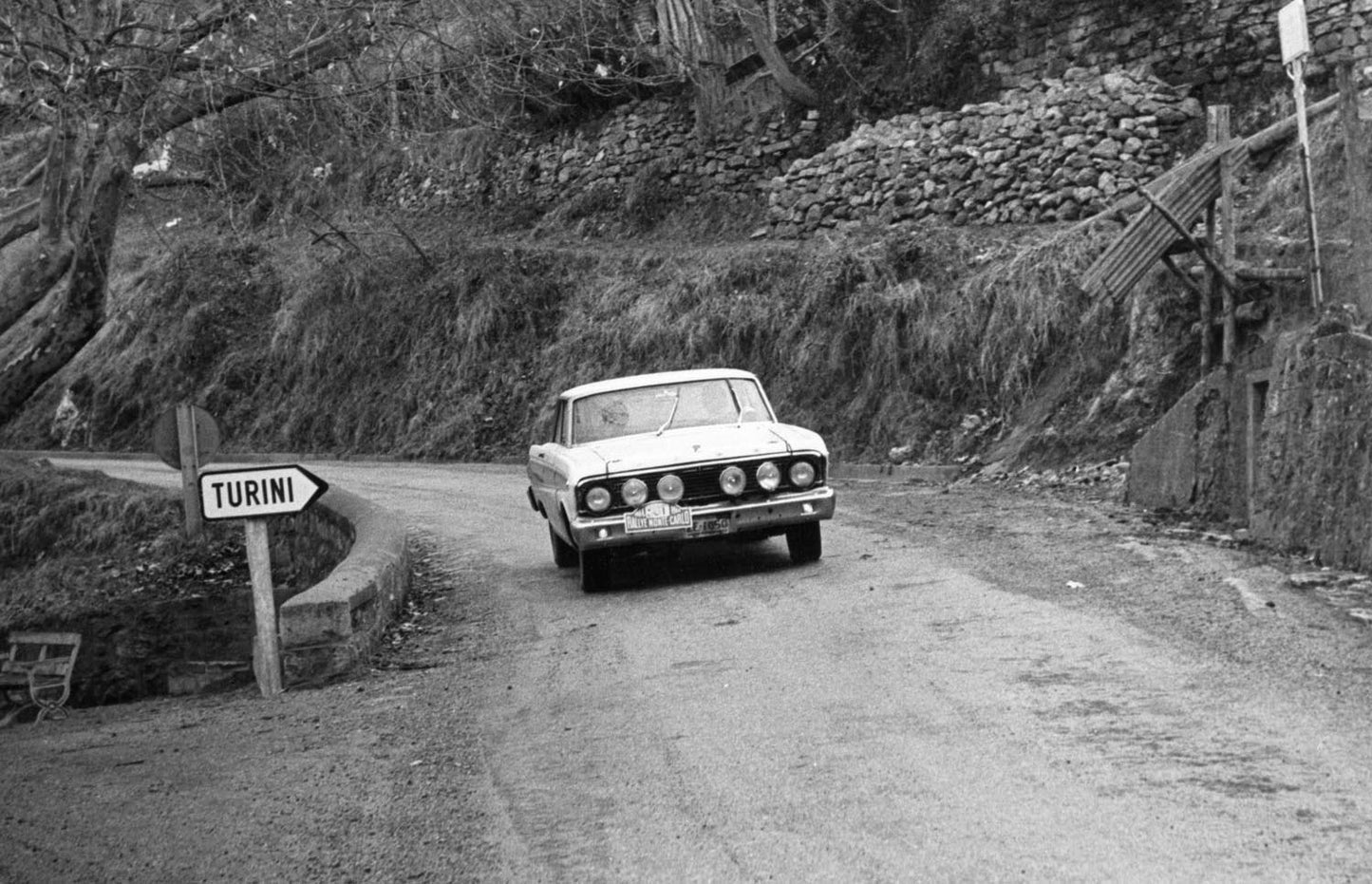 1964 Monte Carlo Rally Ford Falcon Racing in Narrow Pass 45  0144-4609