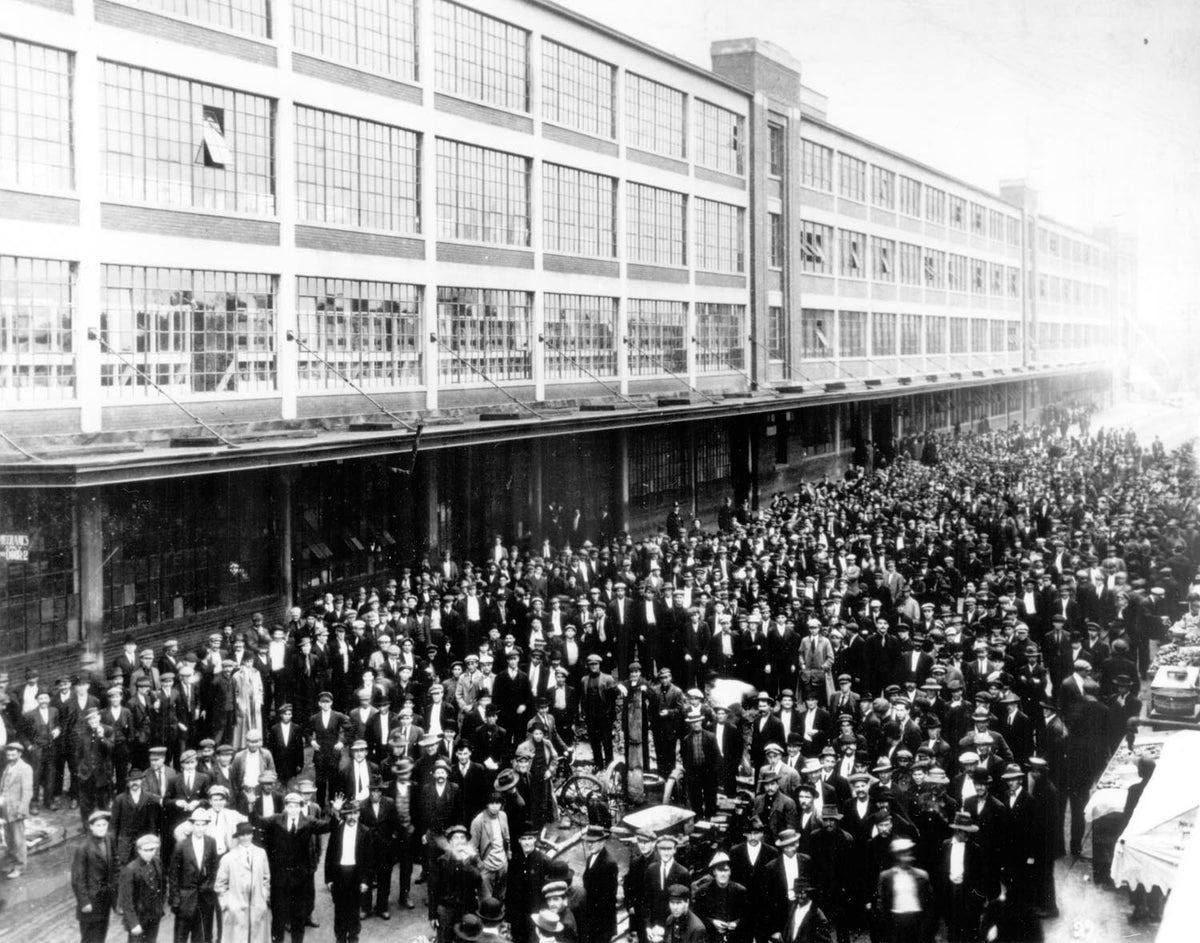 Ford Motor Company archival image documenting Highland Park Five Dollar Day Jan1914.