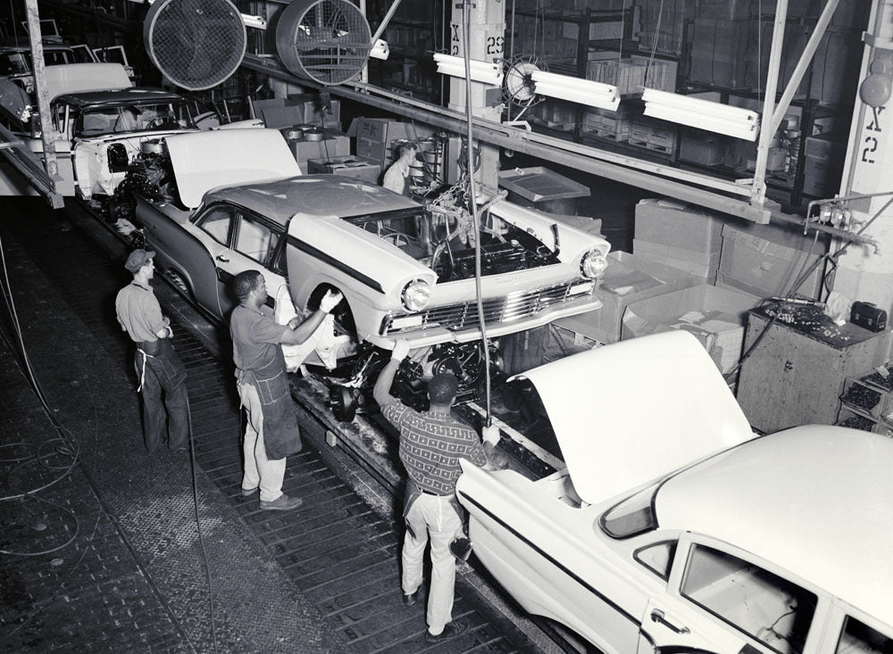 1957 Ford front clip installation at Dearborn Asse  0401-0372