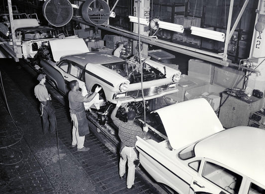 1957 Ford front clip installation at Dearborn Asse  0401-0372