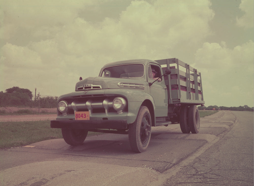 1951 Ford F 5 stake truck on test track 0401-1439