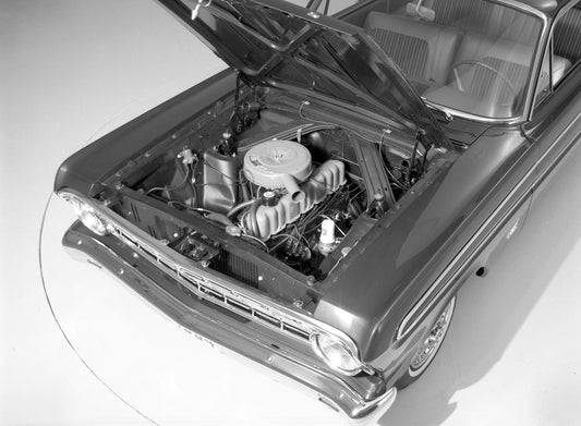 1964 Ford Falcon engine compartment 170 CID I 6 0401-7696