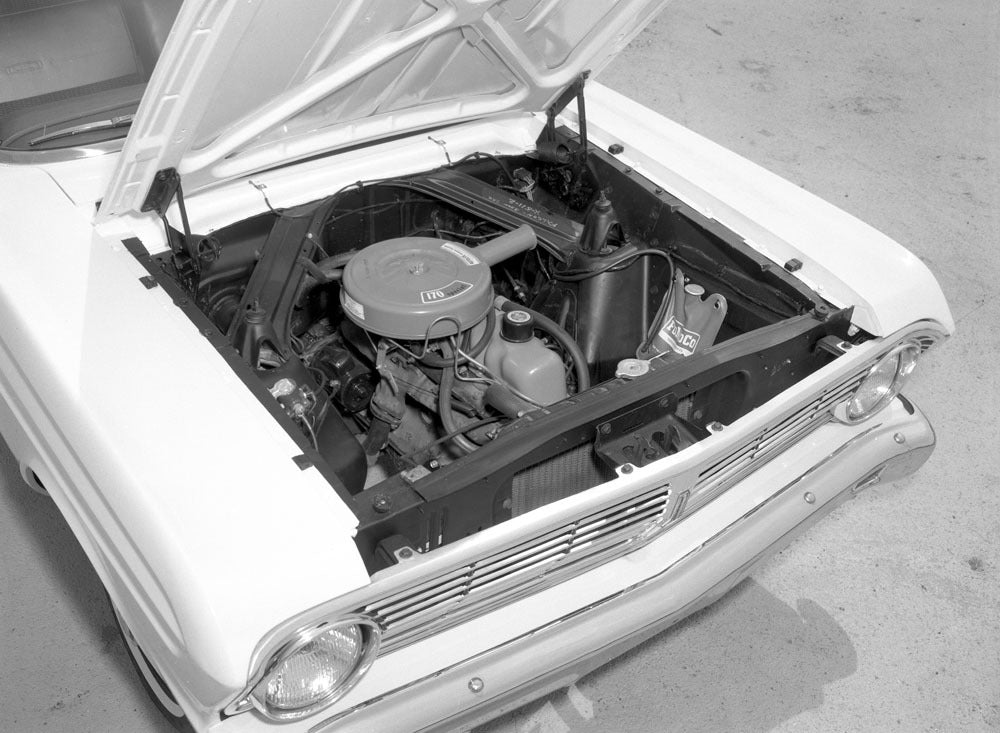 1965 Ford Falcon engine compartment 170 CID I 6 0401-7791