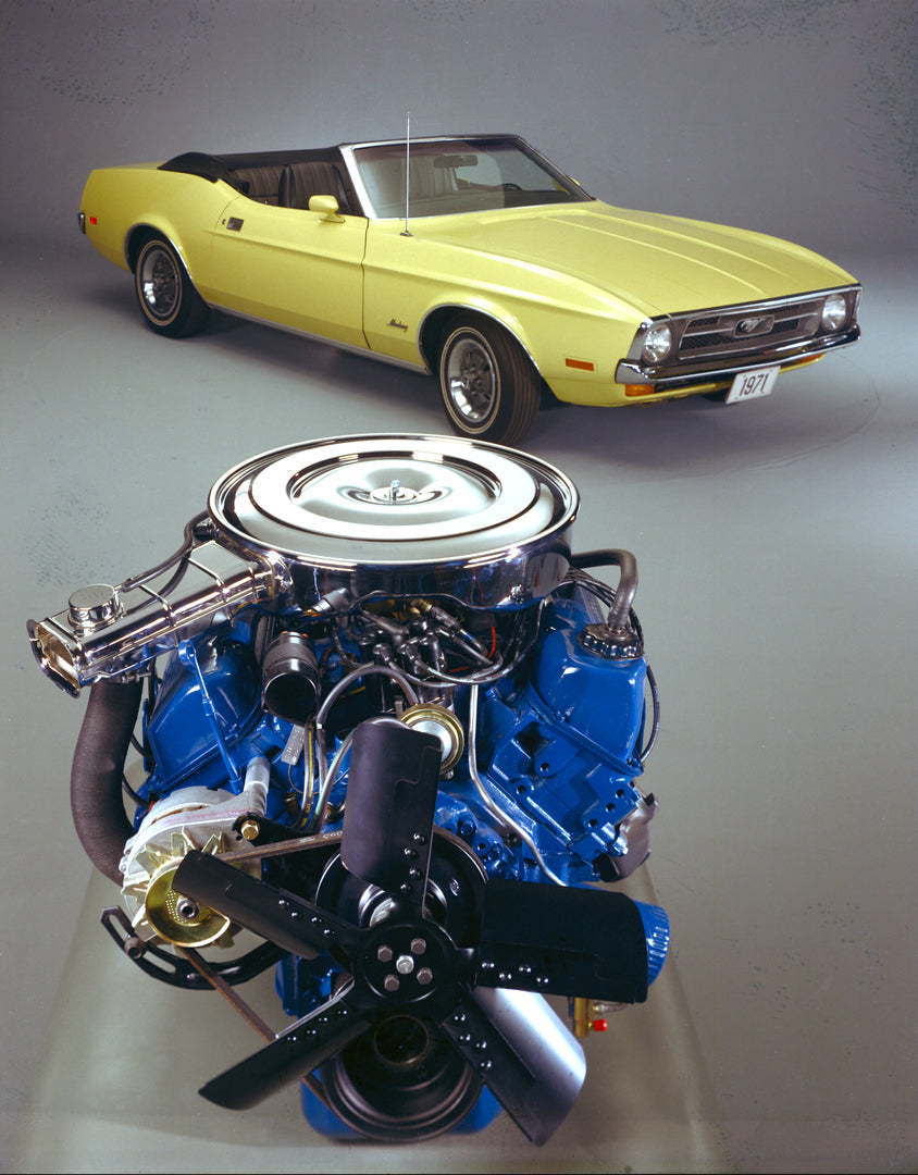 A yellow 1971 Ford Mustang convertible appears above a separately displayed engine in a studio composition.