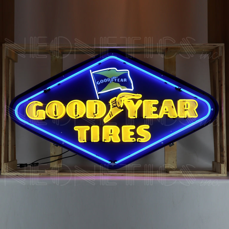 GOODYEAR TIRES DIAMOND NEON SIGN IN SHAPED STEEL CAN 9GYDIA