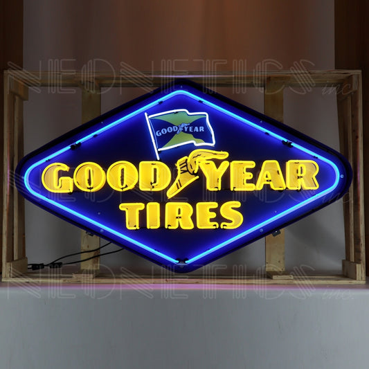 GOODYEAR TIRES DIAMOND NEON SIGN IN SHAPED STEEL CAN 9GYDIA