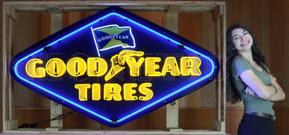 GOODYEAR TIRES DIAMOND NEON SIGN IN SHAPED STEEL CAN 9GYDIA