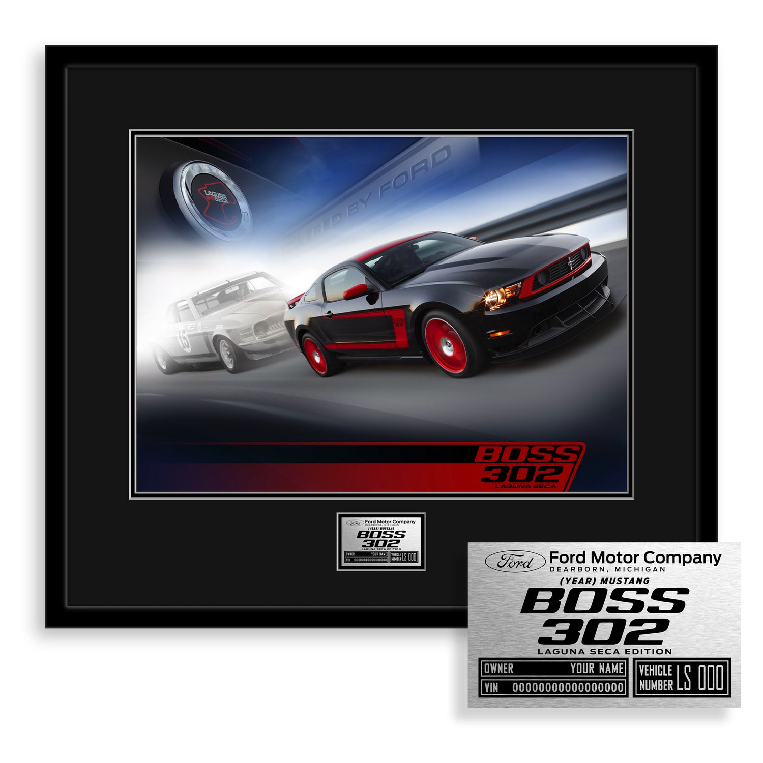 Framed poster of a Ford Mustang Boss 302 with a matching decal on a white background.