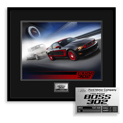 Framed poster of a Ford Mustang Boss 302 with a matching decal on a white background.