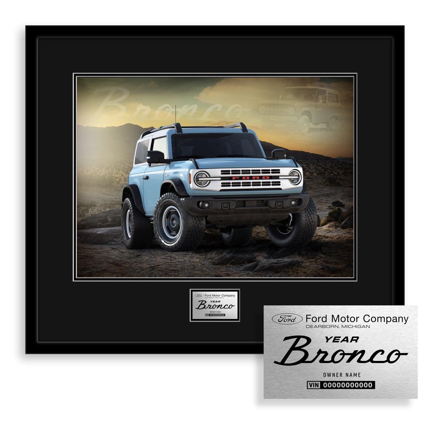 Framed photo of a blue Ford Bronco SUV with a desert background, featuring the Ford Motor Company logo.
