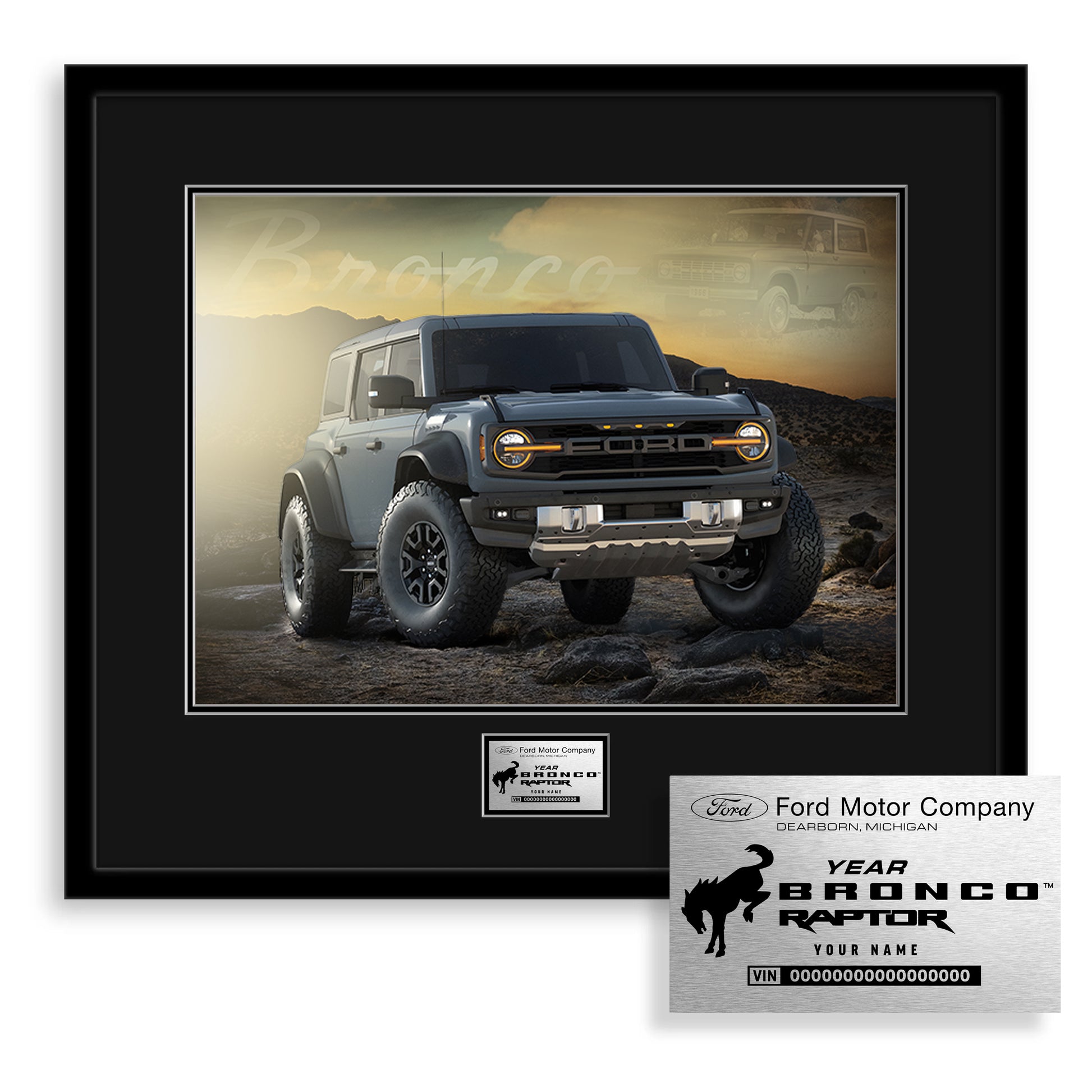 Framed photo of a Ford Bronco Raptor with branded placards on a white background