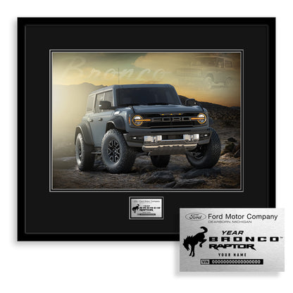 Framed photo of a Ford Bronco Raptor with branded placards on a white background