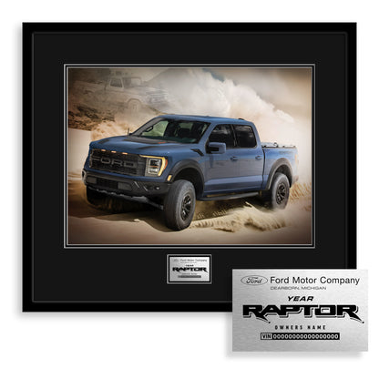 Framed photo of a Ford Raptor truck with a personalized plaque on a white background
