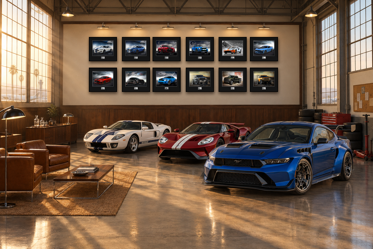 Owners lounge with a 2005 Ford GT, a Ford GT and a Mustang GTD beneath a wall of Fordimages Owners Editions