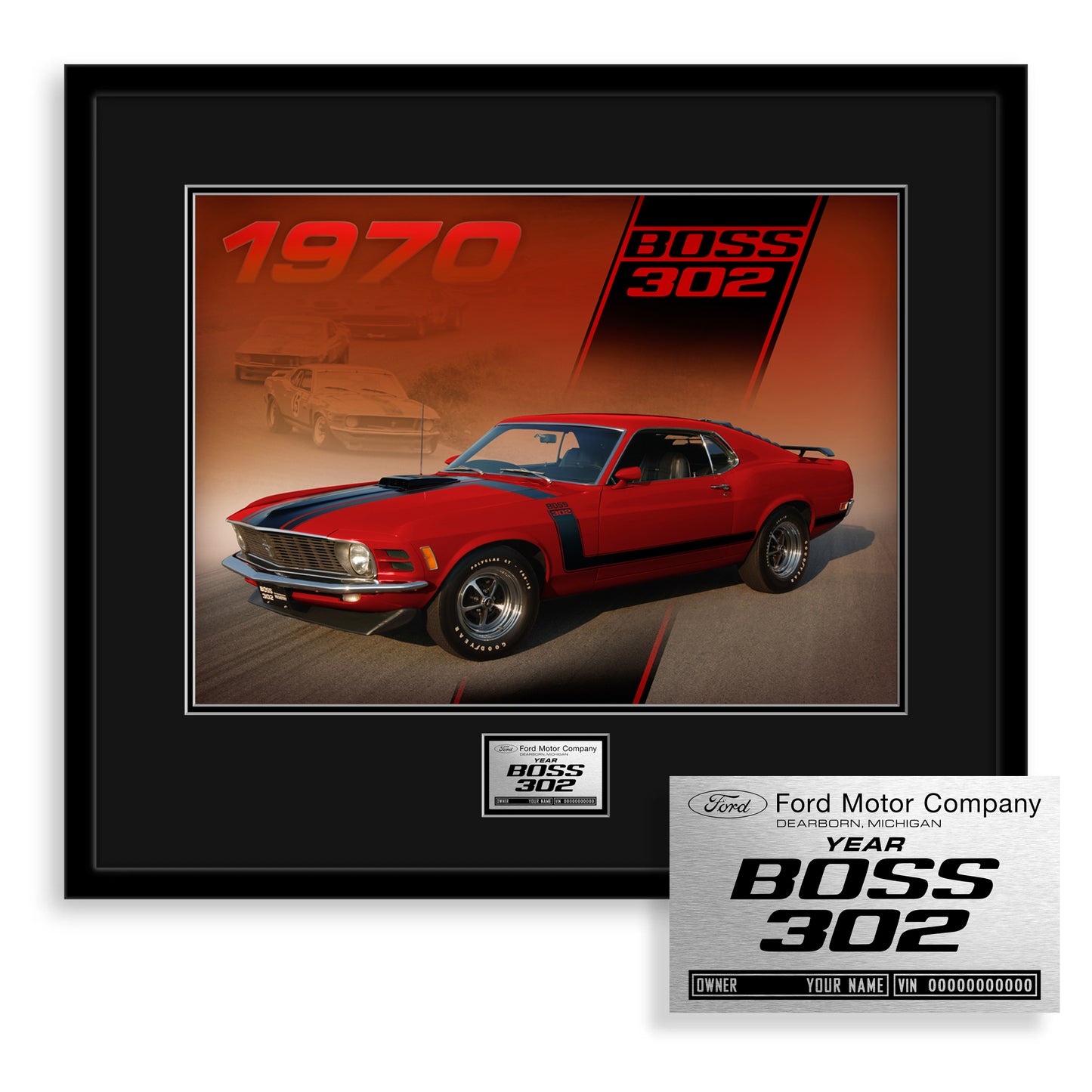 Framed poster of a red 1970 Ford Boss 302 with a black border.