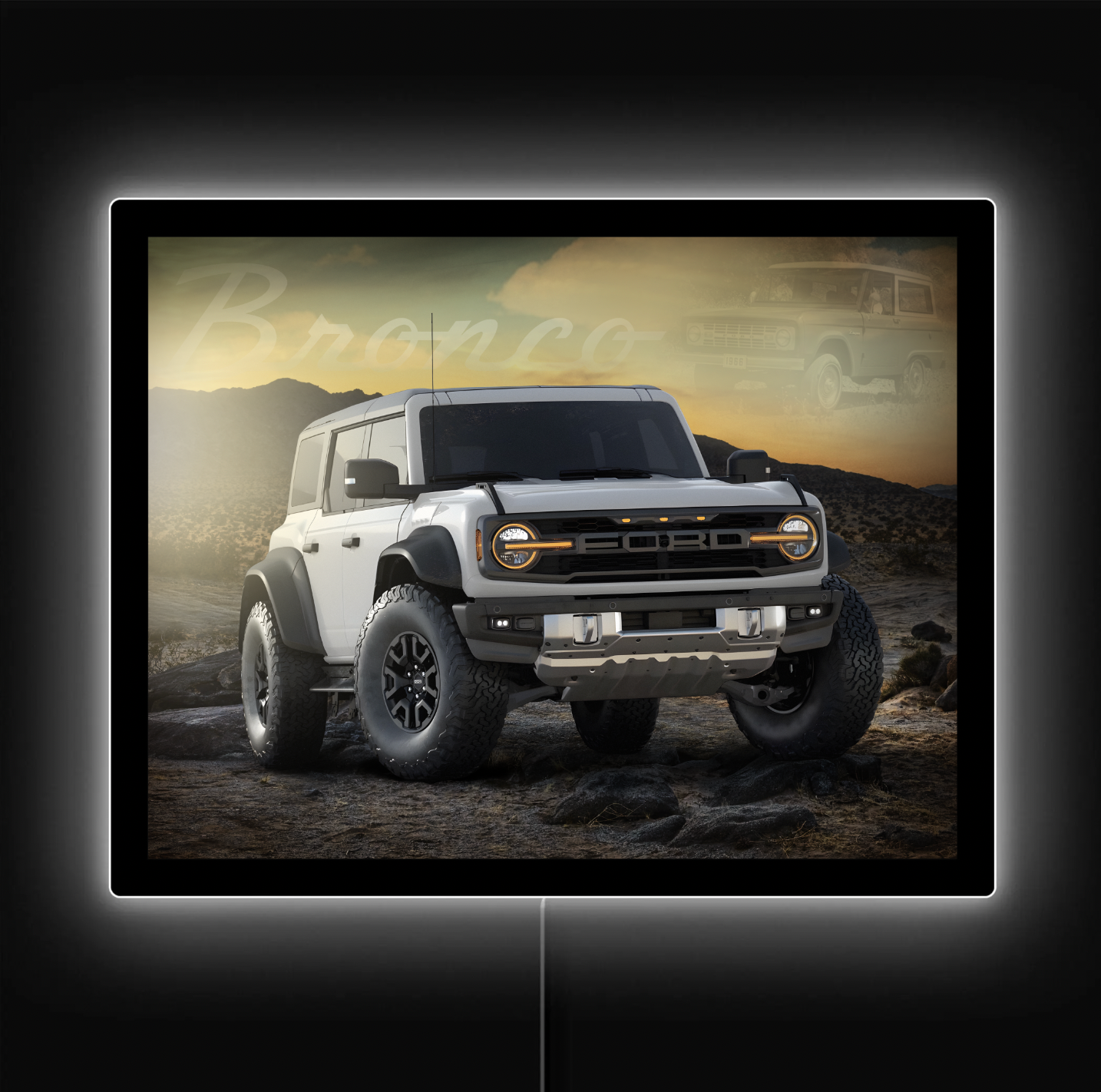 Ford Bronco SUV displayed on a screen with a scenic background